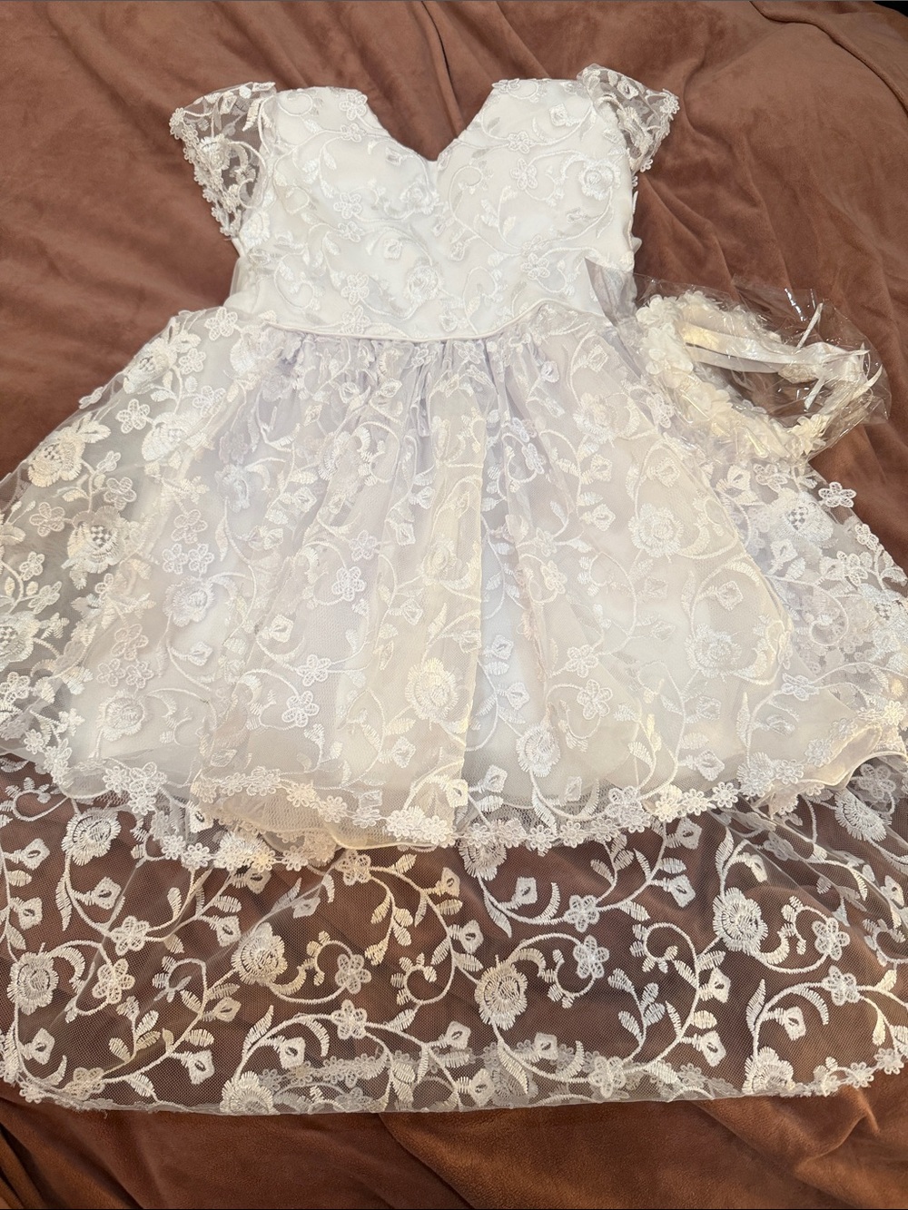 New White Lace Floral Girls' Baptism Dress with Headband